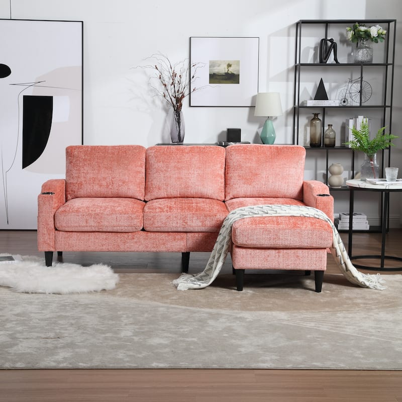 Chenille Deep Seat Couch with Chaise, L-shaped Sectional Sofa with Storage Ottoman, Cup Holders and Side Pockets for Living Room - Pink
