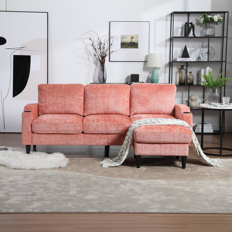 Modular Sectional Sofa with Storage Ottoman, Comfy Chenille Fabric Sofa, 3-Seater Sofa with Side Pockets & 2 Cup Holders - Pink