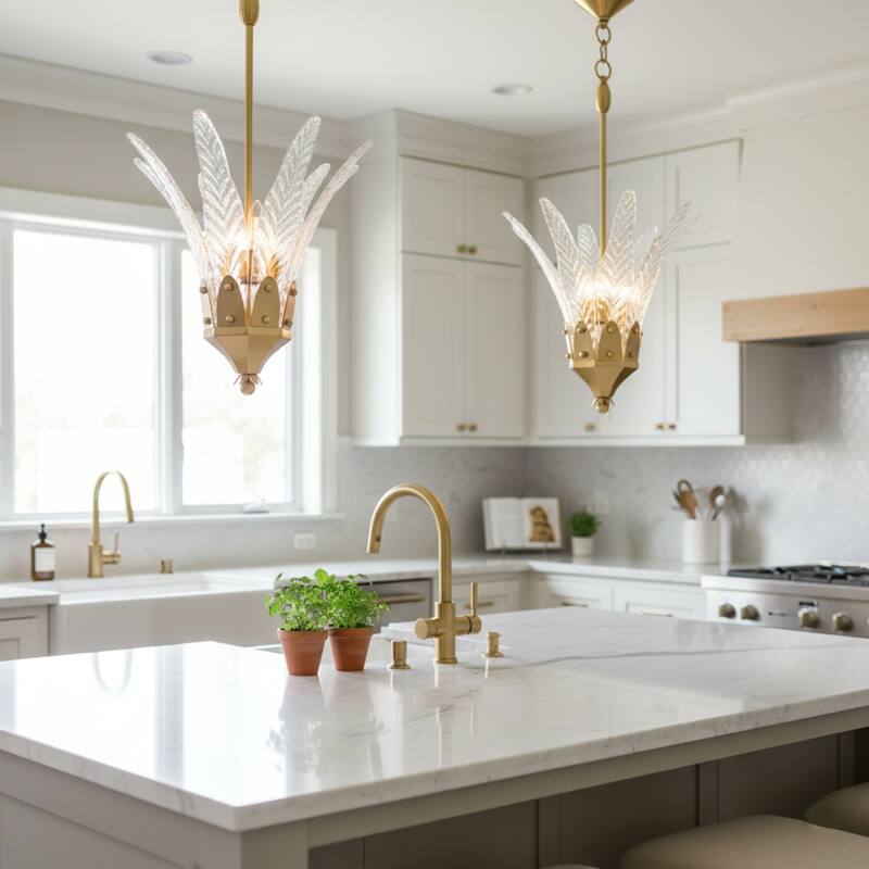 17" Modern Gold 3-Light Leaf Etched Glass Pendant Chandelier for Kitchen Island