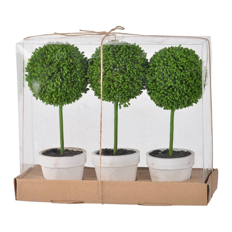 Set of 3 Mini Faux Topiary in Cream Pot 9.5 Inch Artificial Plant Decor - Green