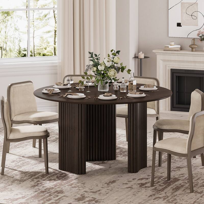 Modern Round Dining Table with Striped Column Legs Solid Wood Kitchen Table Anti-Scratch Footpads