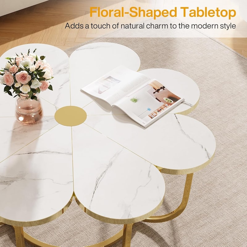 Beige and Gold Floral Coffee Table with Marble Pattern Scratch Resistant Top and Gold Coated Metal Frame