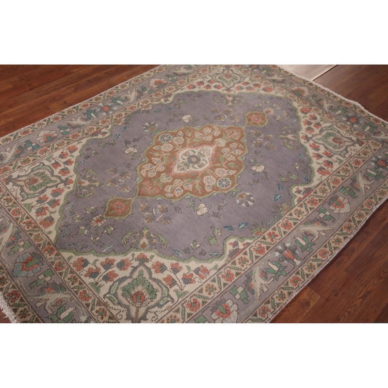 Distressed Blue Tabriz Persian Vintage Rug Hand-Knotted Wool Carpet - 4'7"x 6'1"