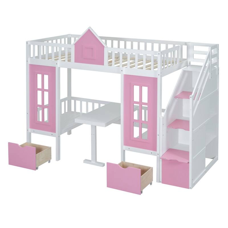Twin-Over-Twin Bunk Bed with Changeable Table, Bunk Bed Turn into Upper Bed and Down Desk