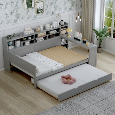 Full Size Wooden Daybed with Storage Shelves, Twin Size Trundle Bed and Study Desk