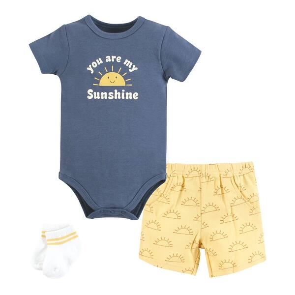 slide 1 of 1, Hudson Baby Infant Boy Bodysuit, Short and Sock, Blue Sunshine 18-24 Months - Blue Sunshine