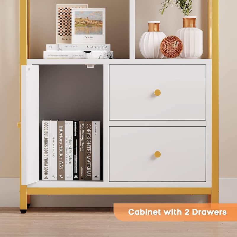 5-Tier Bookshelf with Cabinet and 2 Drawers, Standing Bookcase Display Rack for Bedroom, Living Room, or Home Office