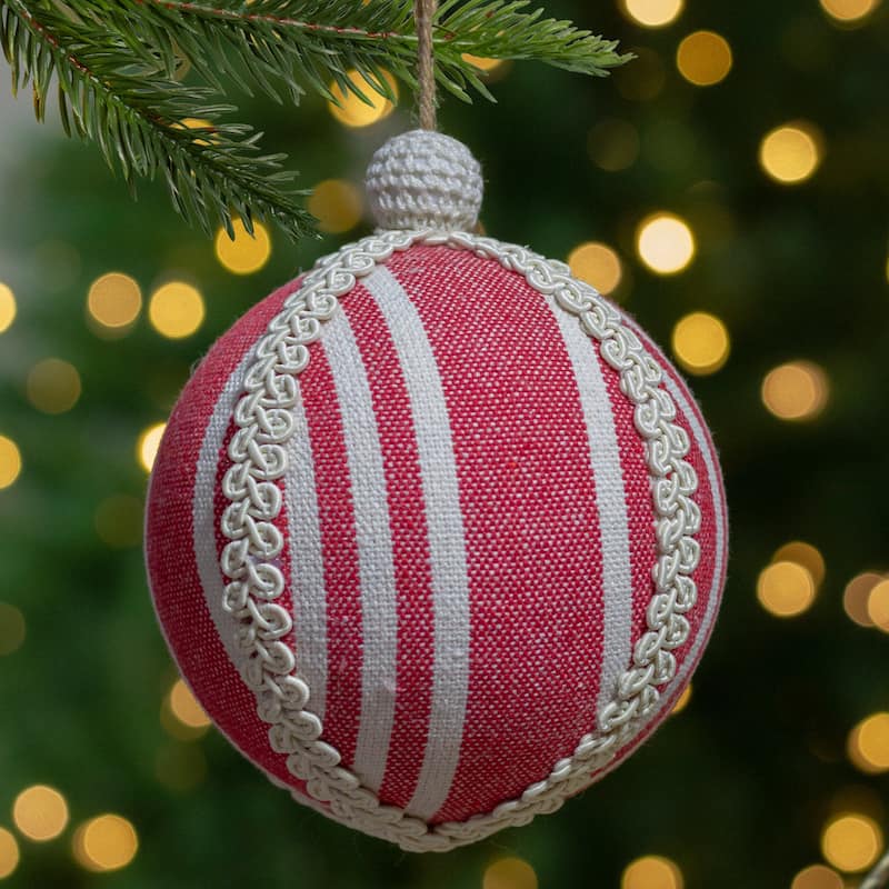 4.75" Red and White Striped Ball Christmas Ornament with Rope Accent - 5.75"