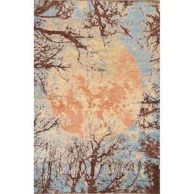 Vegetable Dye Wool/ Silk Abstract Area Rug Hand-knotted Foyer Carpet - 5'5" x 7'9"