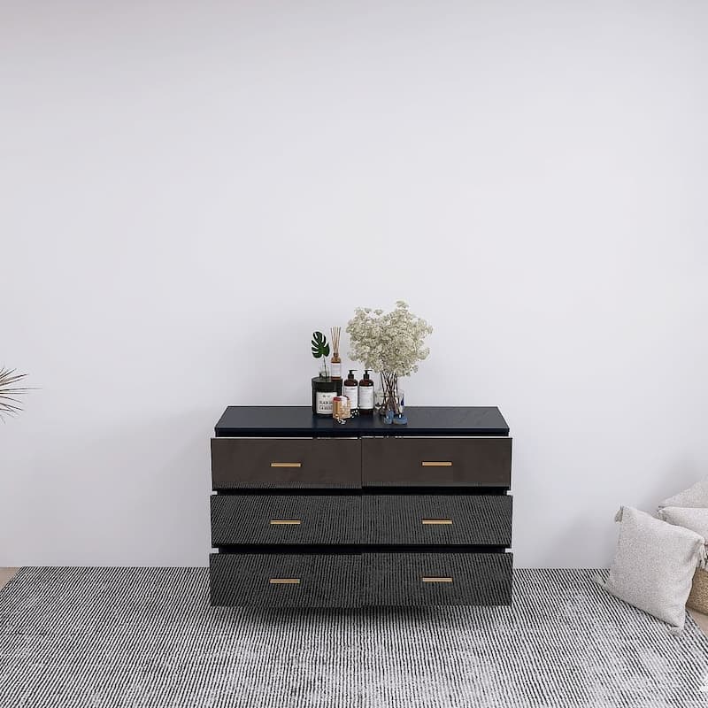 Modern Dresser Chest With 6 Drawers and Golden Handle，High Glossy Surface
