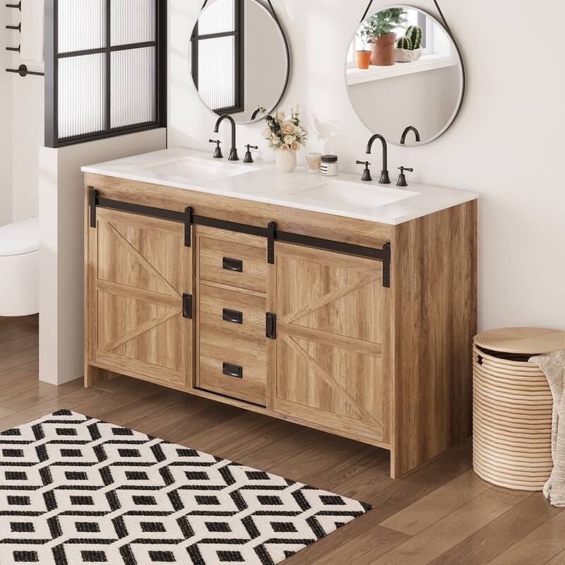 EROMMY Farmhouse Bathroom Vanity with Ceramic Top and Sliding Barn Door Sink Cabinet