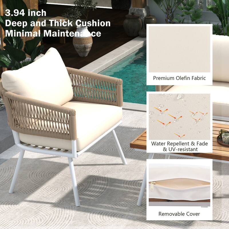 Outdoor 4-Piece Rope Conversation Sofa Set with Acacia Cool Bar Table & Armchairs