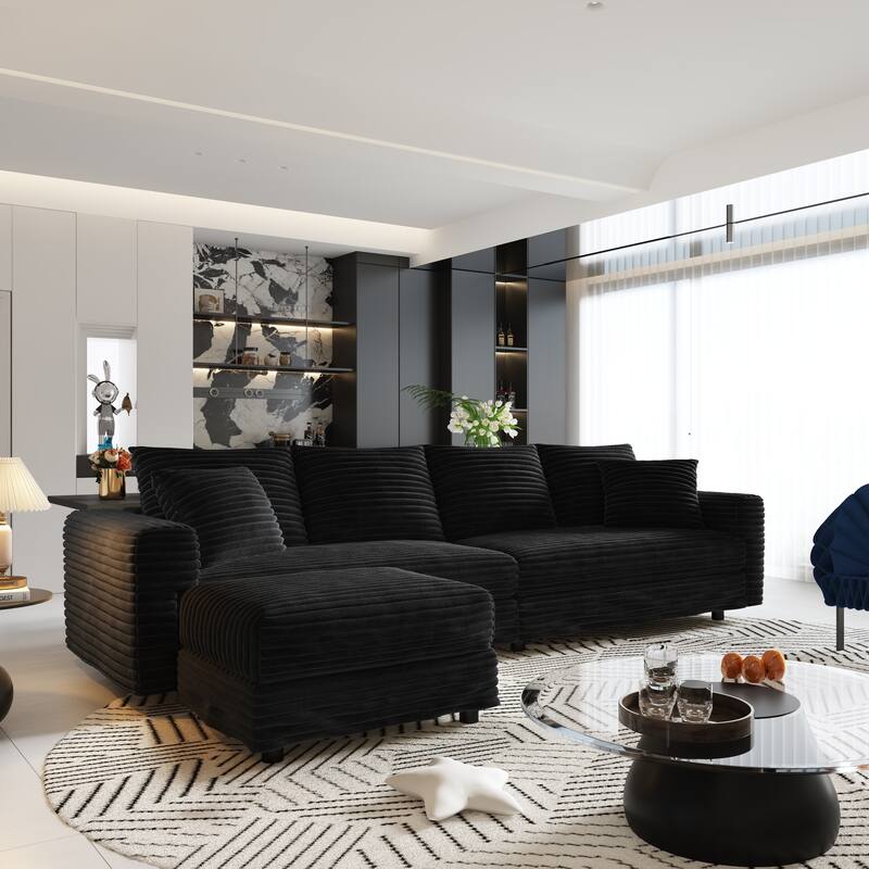 102.4" Corduroy Couch with Ottomans, 4 Seat Convertible Modular Sectional Sofa, Upholstered Couches with Pillows for Living Room - Black-1 Ottoman