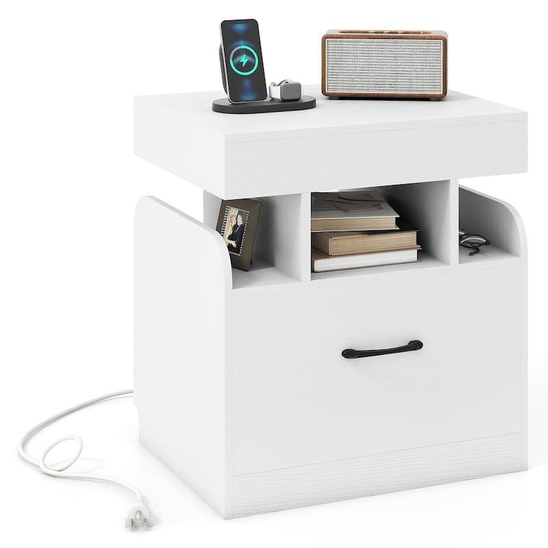 Gymax Nightstand w/ Charging Station Drawer & Sliding Top Storage Tray - White
