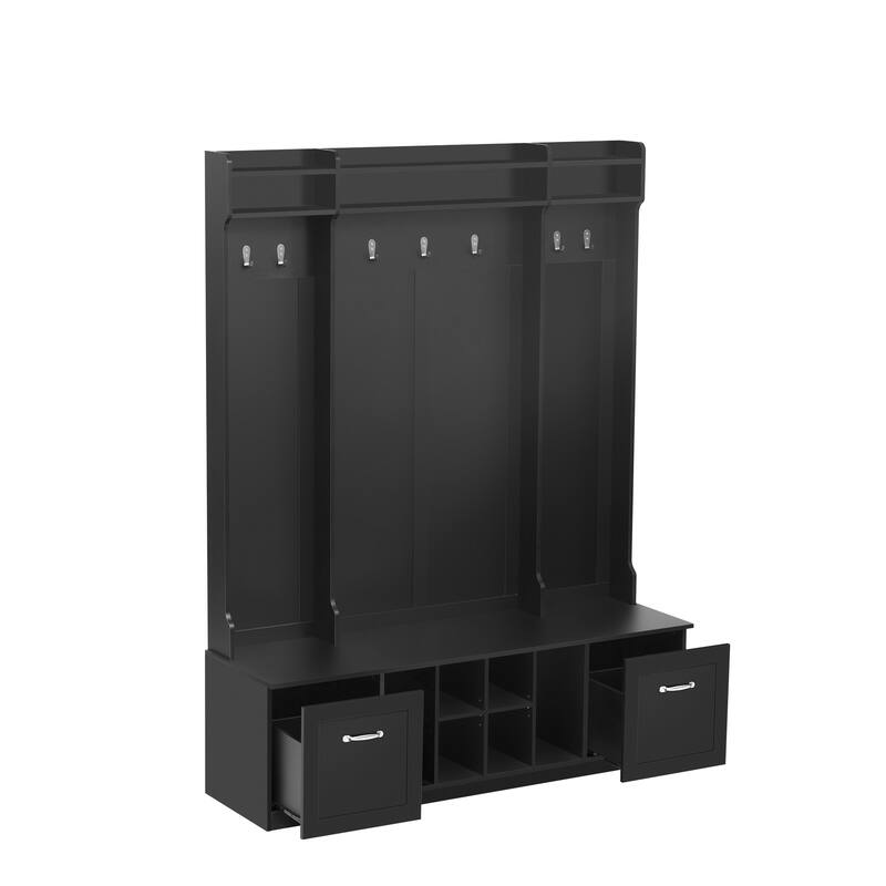 5-in-1 Entryway Bench with Coat Rack, 7 Sturdy Hooks, Adjustable Shelves, Drawers, and Metal Handles