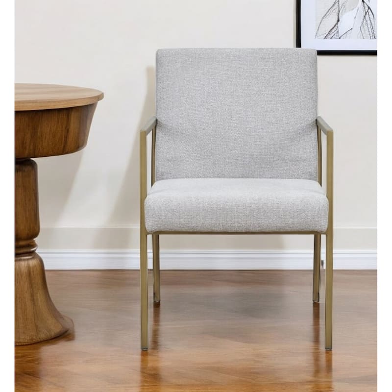 Light Grey Fabric Upholstered Armchair with Brass Metal Legs and Solid Back - 24" x 21.5” x 33” (D x W x H)