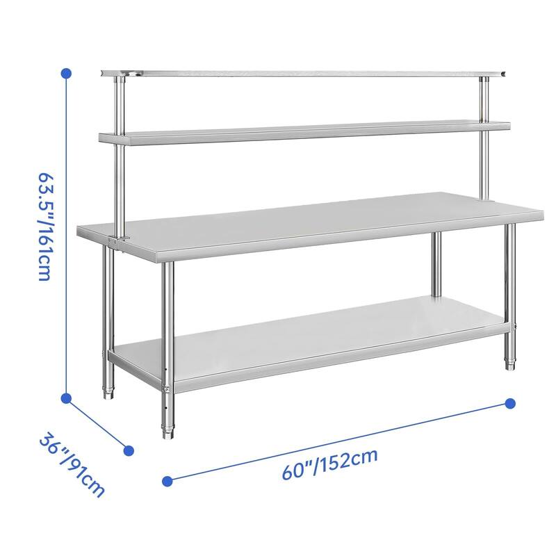 Stainless Steel Table with Overshelf, NSF Heavy Duty Prep Table