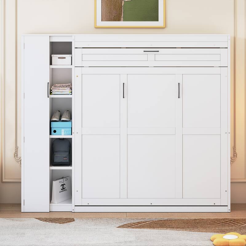 Multi-functional Queen Murphy Wall Bed with Storage Shelves, Wardrobe, and LED Lighting, Ideal for Small Spaces - White