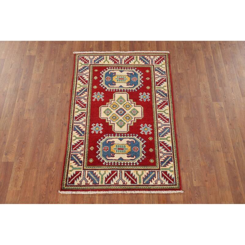 Geometric Red Kazak Foyer Rug Hand-Knotted Wool Carpet - 2'8" x 4'1"
