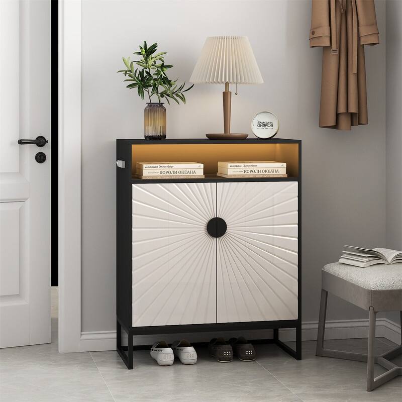5-Tier Modern 2-Door Shoes Storage Cabinet with LED Light, Wooden Shoe Organizer Rack with Adjustable Shelf - Black