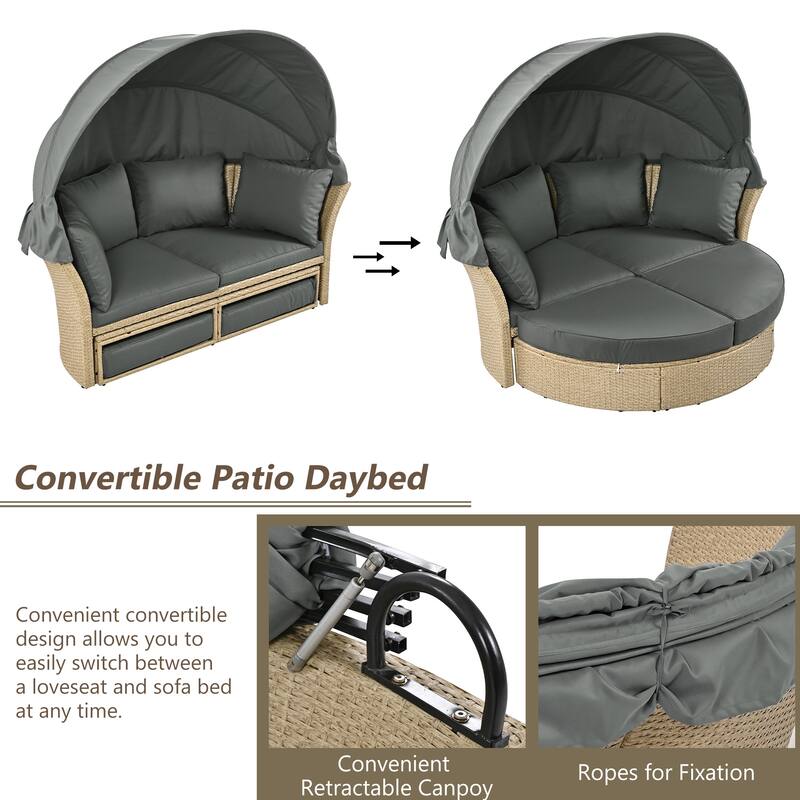 Outdoor Patio Daybed, Outdoor Furniture Set with Retractable Canopy, Patio Wicker Rattan Round Sofa with 4 Pillows