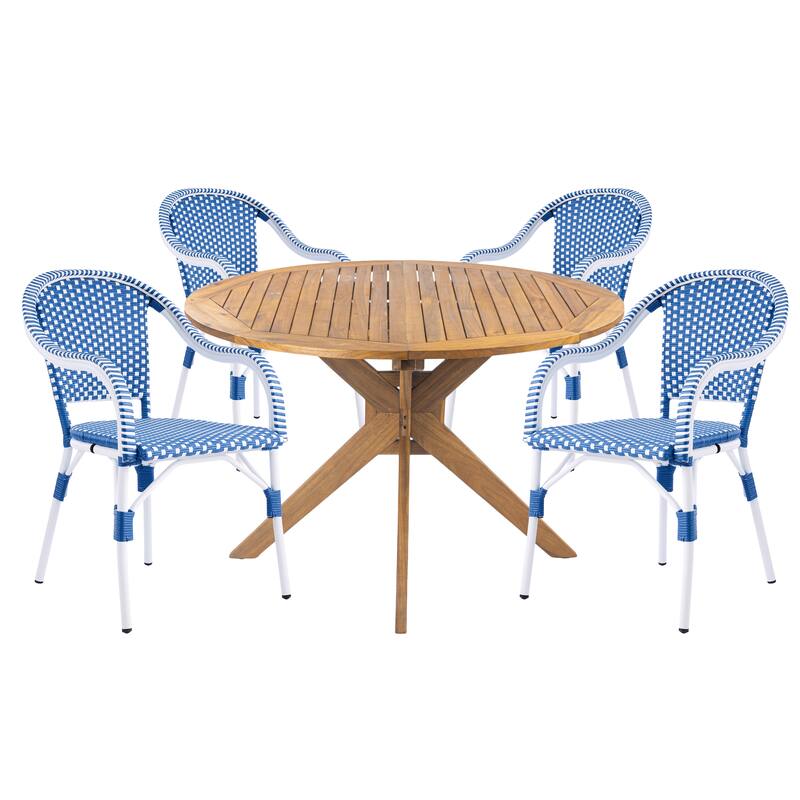 Christopher Knight Home - Iris 5-Piece Outdoor Dining Set with Four Woven Metal Frame Chairs and Acacia Wood Round Table