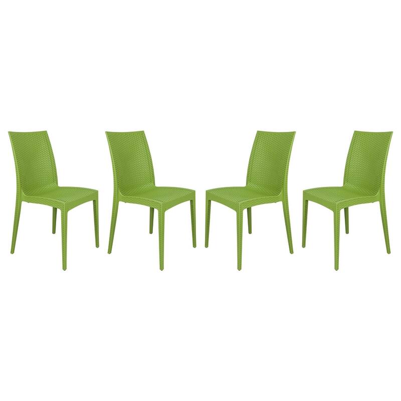 Outdoor Patio Dining Chairs, Set of 4 Stackable Polypropylene Chairs with Woven Design for Garden, Deck, or Pool - Green