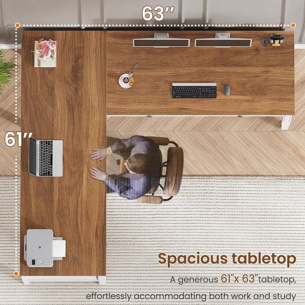 dimension image slide 23 of 30, Farmhouse Executive L Shaped Desk Home Office Desk with Drawers and Storage Cabinet & Power Outlet