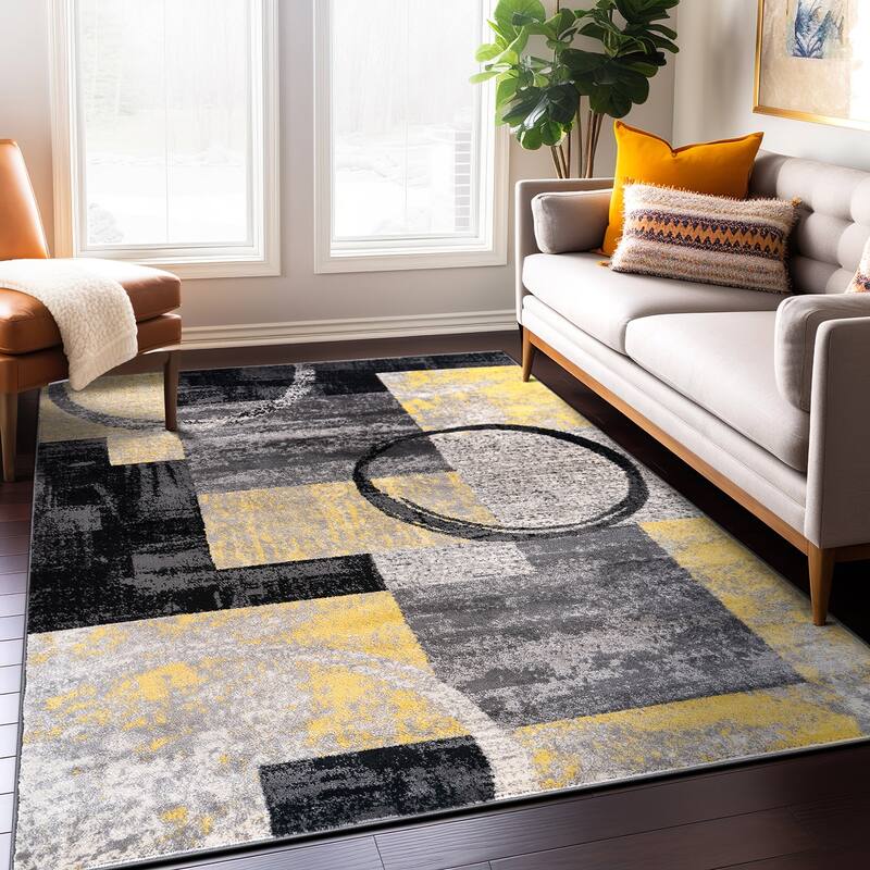 World Rug Gallery Abstract Polypropylene Machine-Made Circle Area Rug - 10' x 14' - Yellow