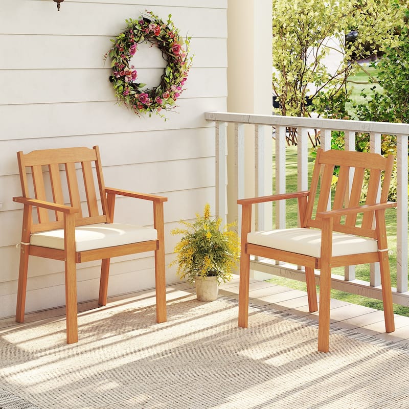 Natural-White Acacia Wood Patio Dining Chairs Set of 2 with Padded Cushions - 22.5" x 23" x 34"(L x W x H)