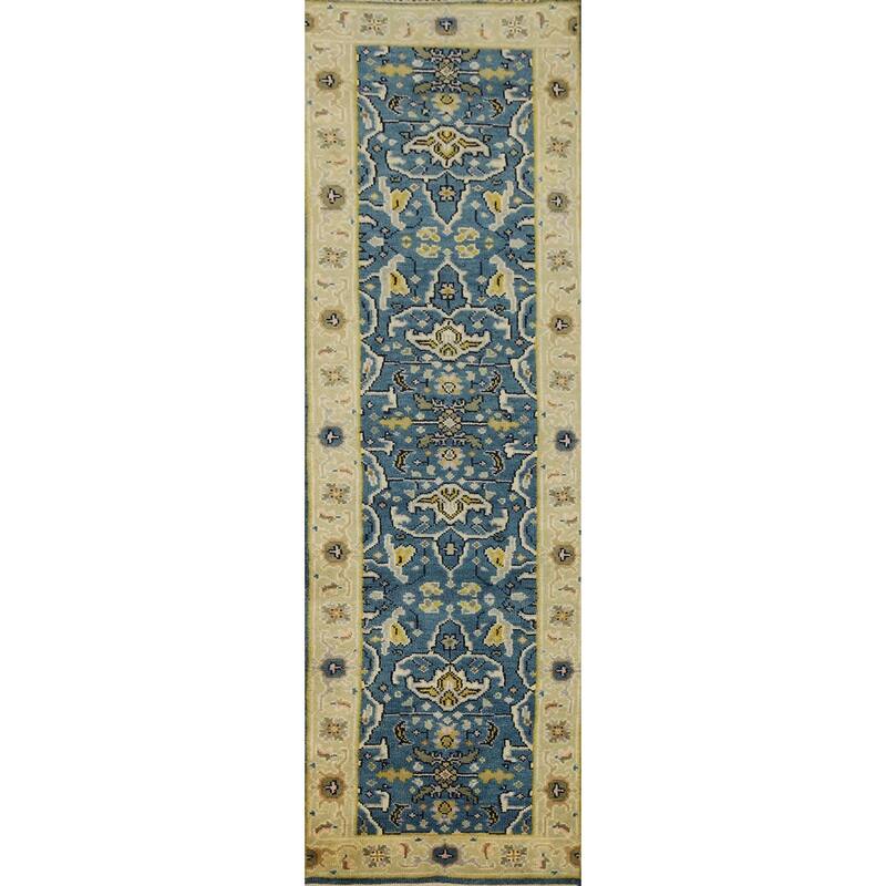 Hand Knotted Oriental 100% Wool Carpet Transitional All-Over Navy Blue & Blues Oushak Runner Rug - 9' 11'' X 2' 5''
