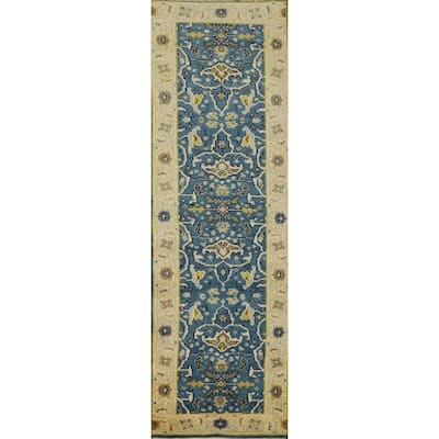 Hand Knotted Oriental 100% Wool Carpet Transitional All-Over Navy Blue & Blues Oushak Runner Rug - 9' 11'' X 2' 5''