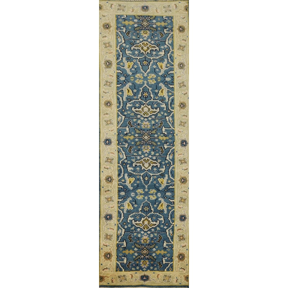 Hand Knotted Oriental 100% Wool Carpet Transitional All-Over Navy Blue & Blues Oushak Runner Rug - 9' 11'' X 2' 5''
