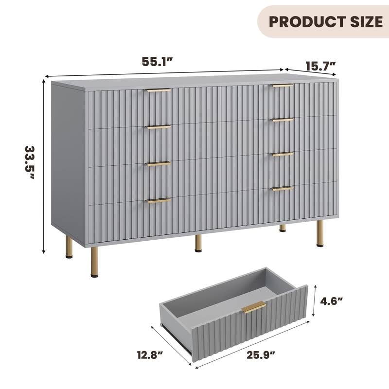 8 Drawer Fluted Dresser for Bedroom, Wide Modern Chest of Drawers, Long Double Dresser