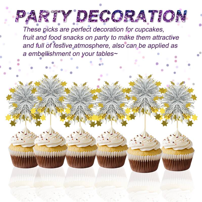 50 Pcs Firework Cupcake Toppers Sparkle Tinsel Star Picks