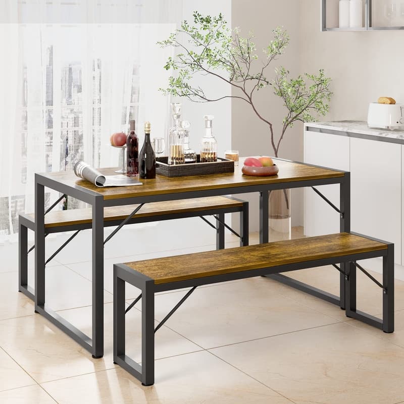 55"Dinning Room Table Set for 4-6，3 Piece Industrial Dining Table Set with 2 Bench for Kitchen
