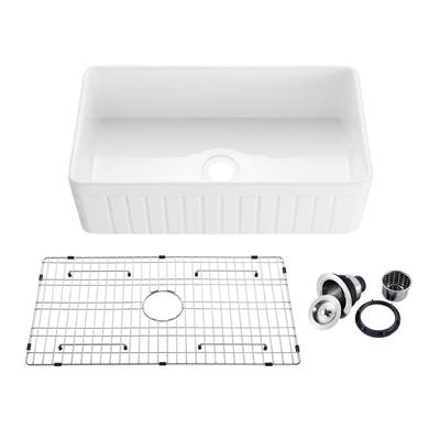 White Fireclay Farmhouse Undermount Kitchen Sink with Bottom Grid and Strainer