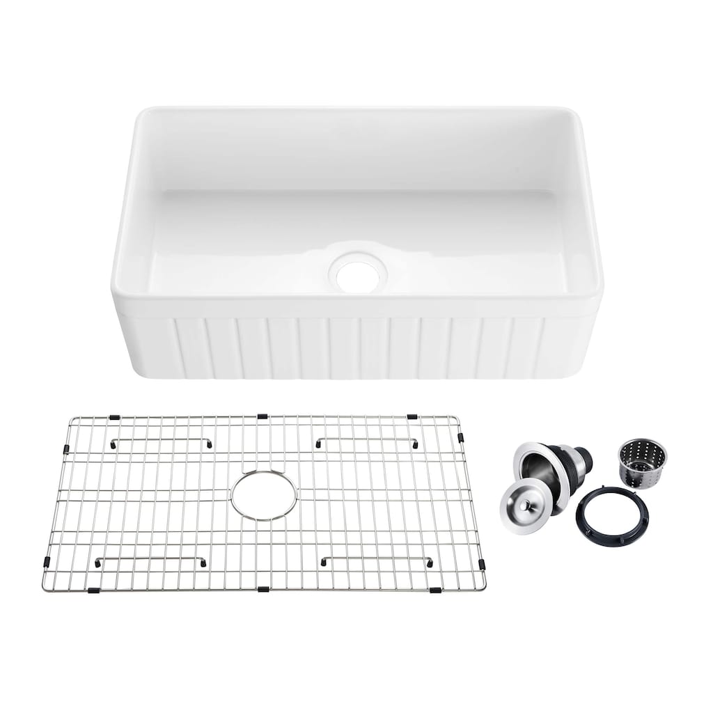 White Fireclay Farmhouse Undermount Kitchen Sink with Bottom Grid and Strainer