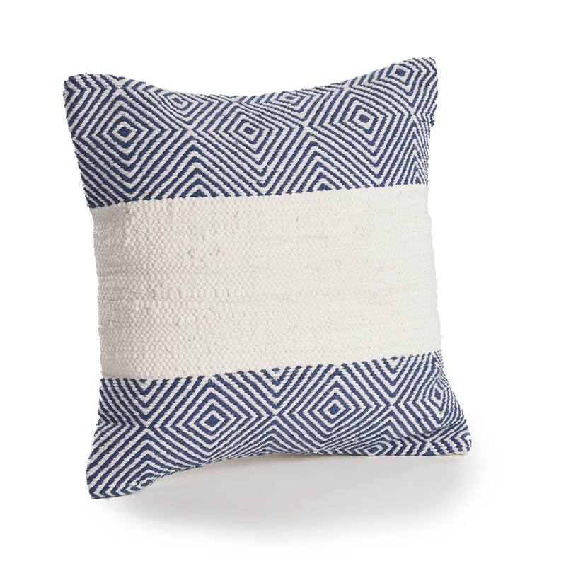Handwoven Overtufted Diamond Square Cotton Throw Pillow Cover - 18" - Blue and Cream