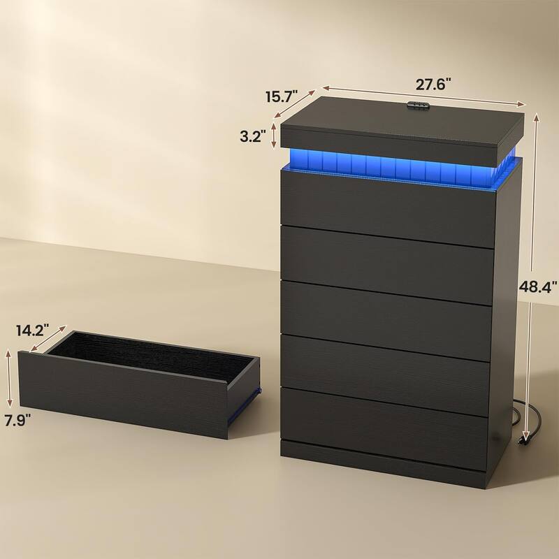 Bedroom Dresser Drawers with LED Light Power Outlet Chest of Drawer