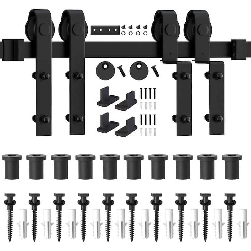 WINSOON 4-18FT Single Track Bypass Sliding Barn Door Hardware Kit for Double Doors J Style Rollers