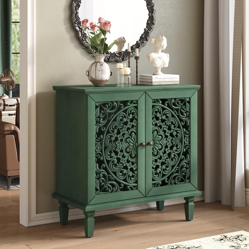 GDF Studio - Vintage Hollow-Carved Accent Cabinet, 2-Door Display Sideboard with Adjustable Shelf