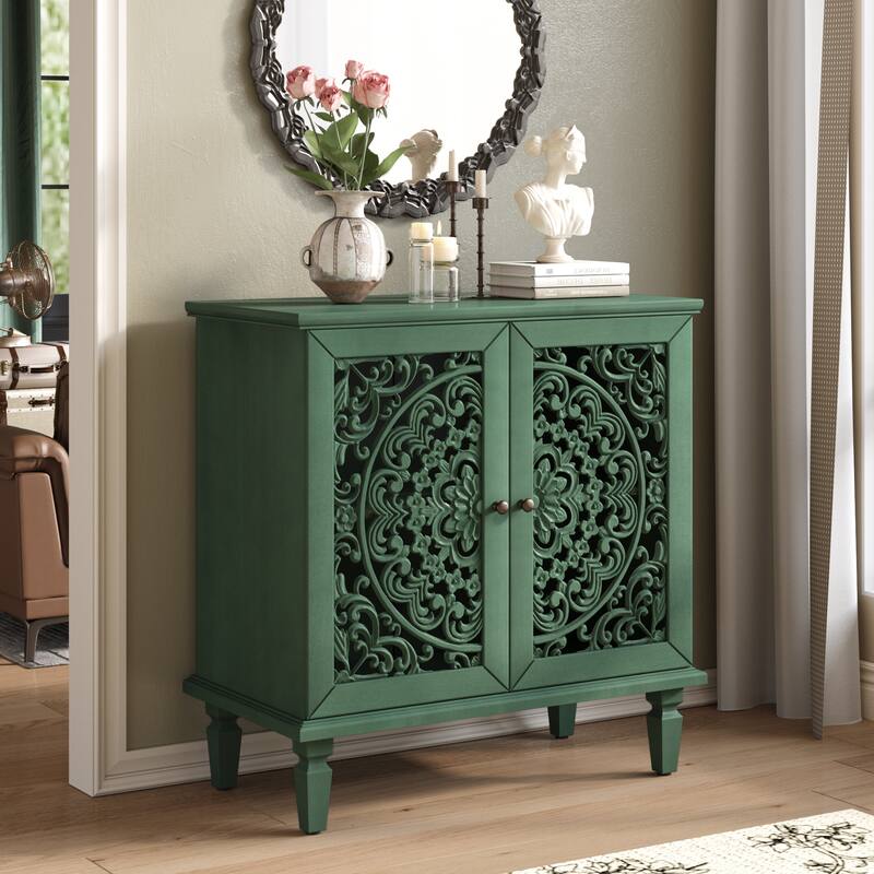 Roomfitters 2-Door Hollow-Carved Accent Cabinet, Symmetrical Floral Sideboard with Adjustable Shelf