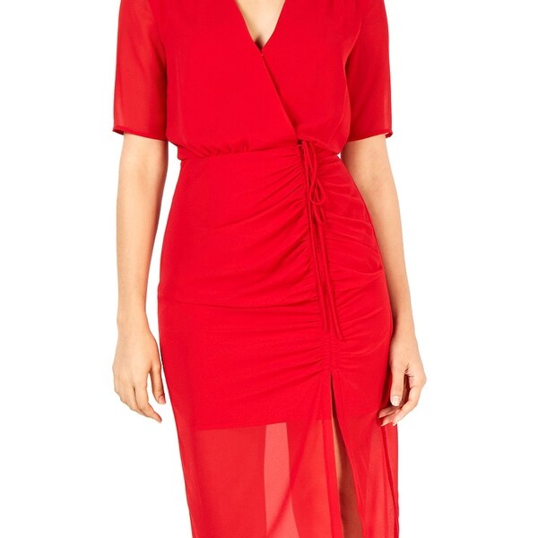 red ruched midi dress