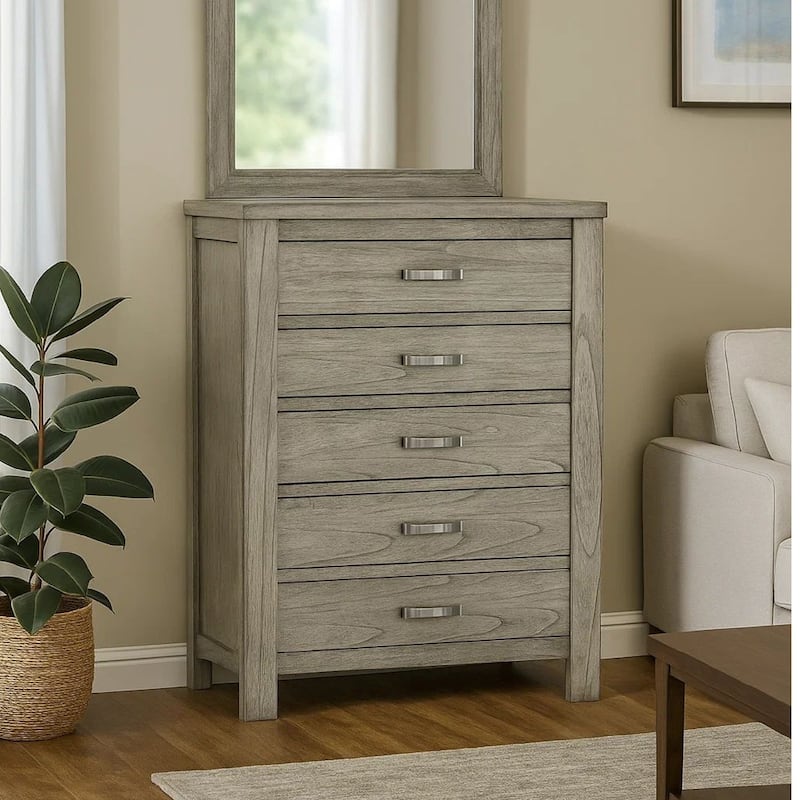 Yuna 52 Inch 5 Drawer Tall Dresser Chest, Bar Handles, Wood Grain Gray