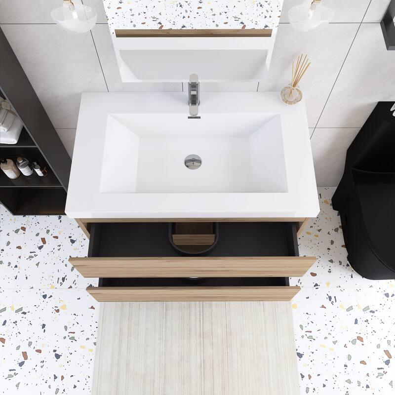 Angela Wall Mounted Bathroom Vanity in F. Oak with White Cultured Marble Top