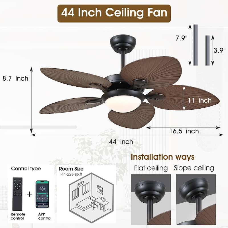 Kviflon 44" Wood GrainTropical Ceiling Fan with Light and Remote,Indoor and Outdoor Ceiling Fan,Waterproof - 44 Inches