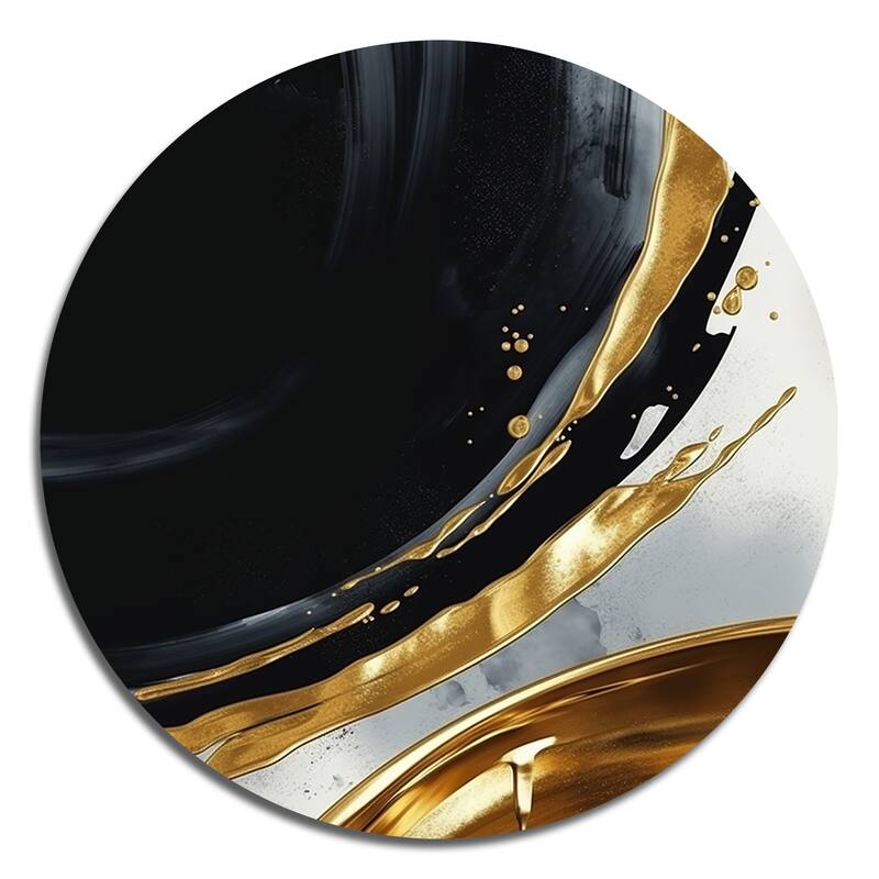 Designart "Black Gold Abstract Shapes Marble I" Abstract Marble Metal Round Wall Art