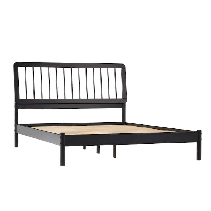 Mid-Century Modern Solid Wood Queen Spindle Bed in Black - Black