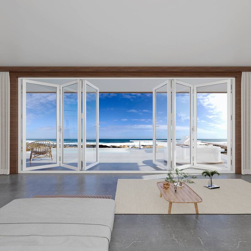 KaMic 192"×80" 6 Panels Aluminum Folding Door In White,Folded Out From Dual Open Model #:FD6PWH19280-DO